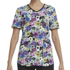 ScrubStar Womens Size Large Scrub Top blue black floral V-Neck stretch NWT